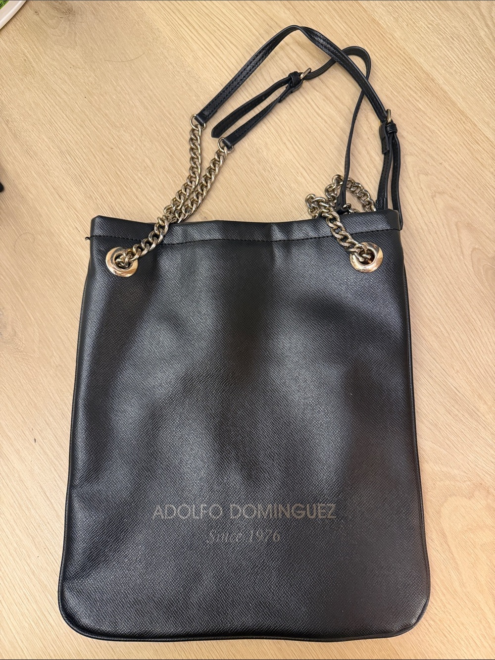 Adolfo Dominguez Black Leather Shoulder Bag with Gold Chain Handles